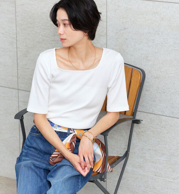 UNITED ARROWS green label relaxing「ブライトリブ スクエアネック 5分袖 プルオーバー カットソー」|Tシャツ・カットソー|OFF WHITE