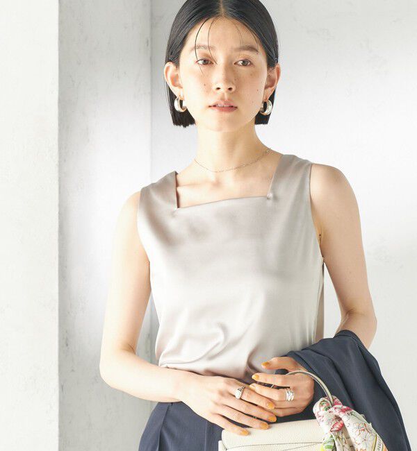 SHIPS for women「〈手洗い可能〉2WAY サテン &times; カットソー スクエア タンクトップ」|タンクトップ|シルバーグレー