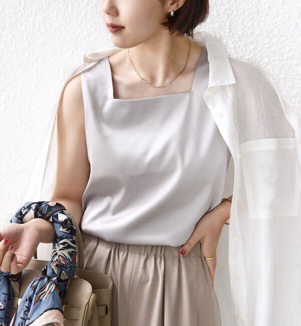 SHIPS for women「〈手洗い可能〉2WAY サテン &times; カットソー スクエア タンクトップ」|タンクトップ|
