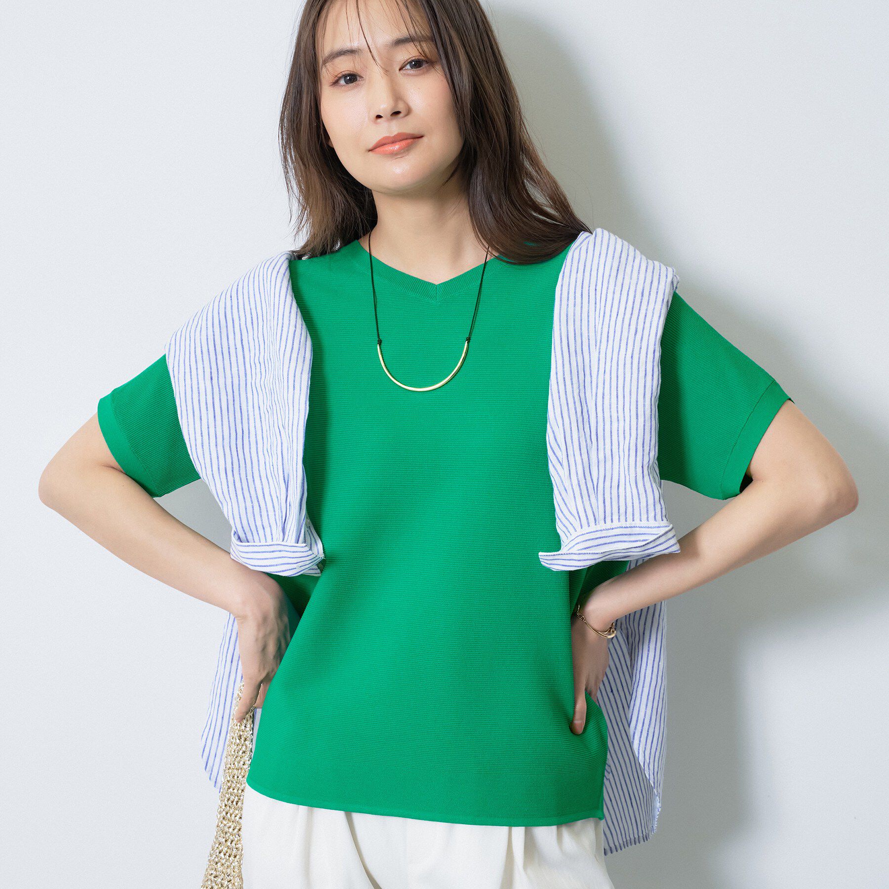 INDIVI「【洗える】ガーター編みVネックニットT」|ニット・セーター|グリーン(022)
