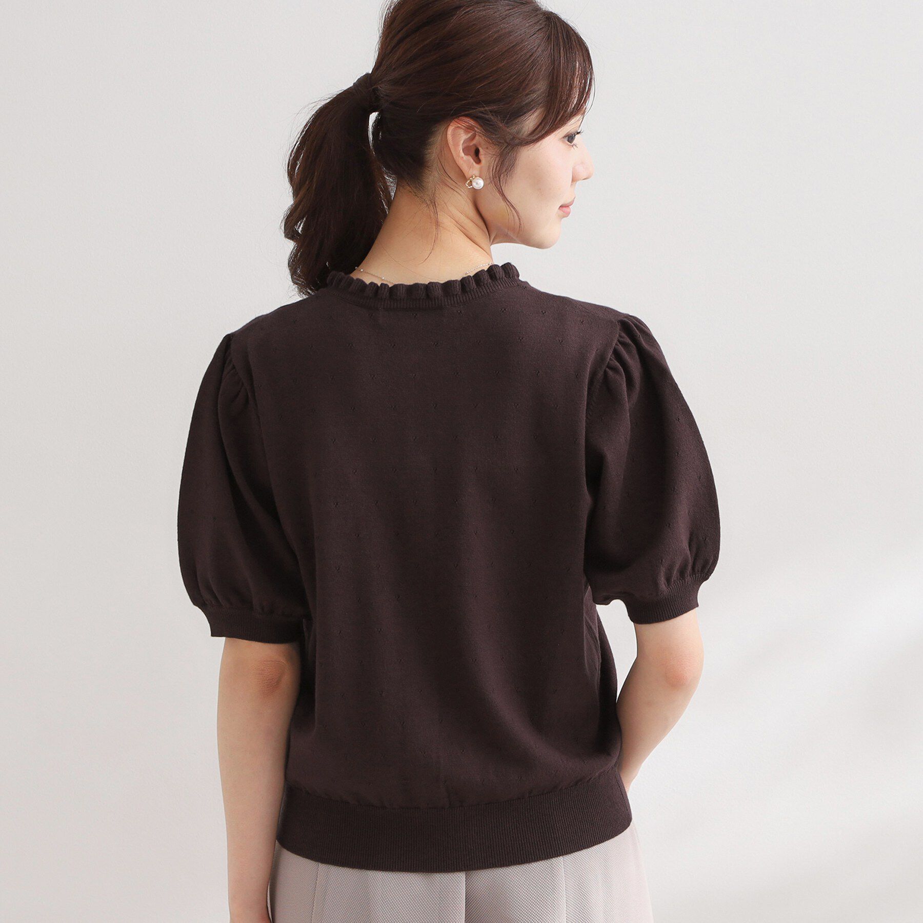 Couture broach「【洗える】透かし編み 半袖フリルカーデ」|カーディガン|