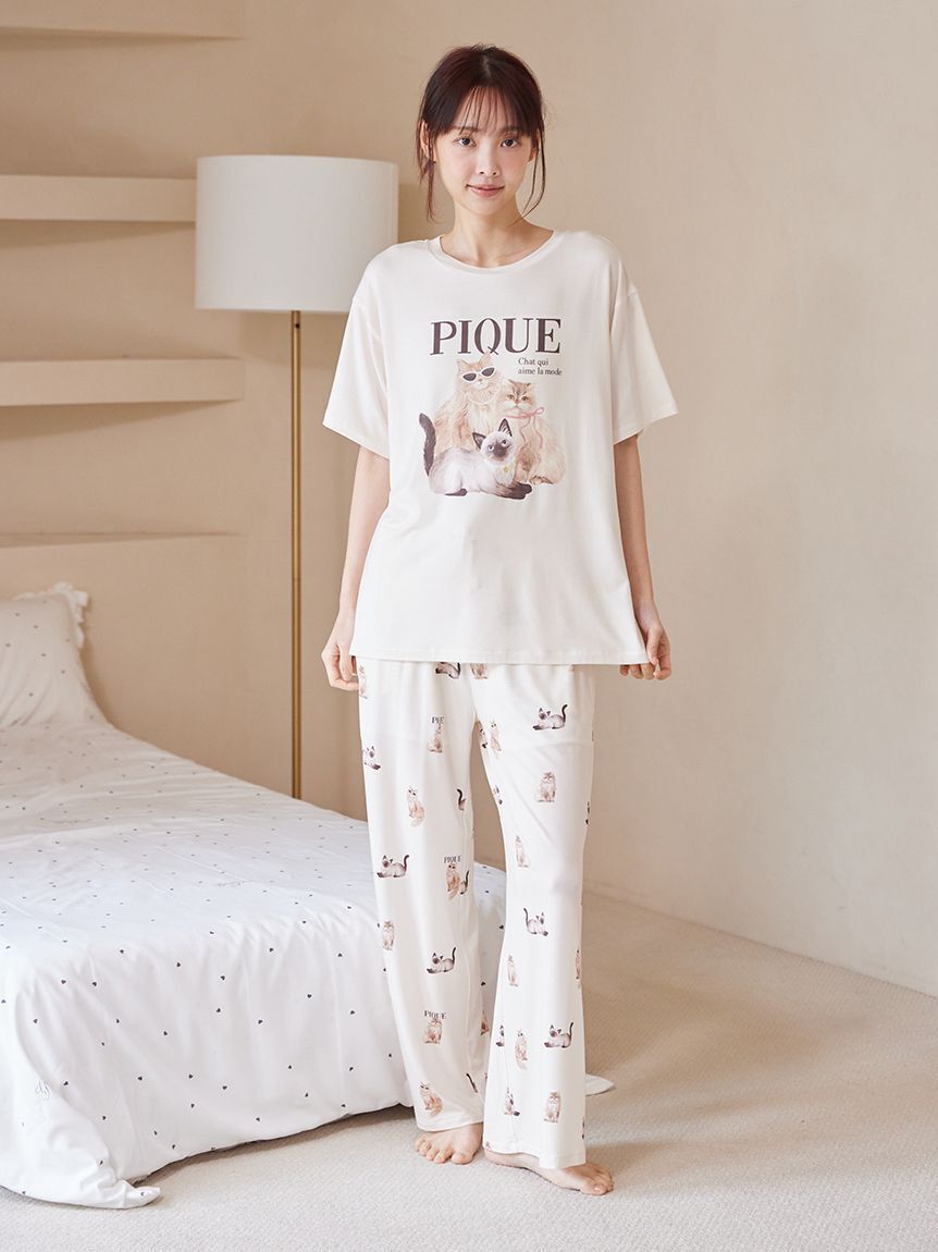 gelato pique「【ONLINE限定】【接触冷感】ファッションCATS&DOGS ワンポイントTシャツ&ロングパンツセット」|ルームウェア|
