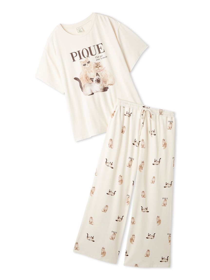 gelato pique「【ONLINE限定】【接触冷感】ファッションCATS&DOGS ワンポイントTシャツ&ロングパンツセット」|ルームウェア|B
