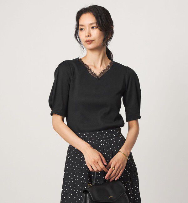 UNITED ARROWS green label relaxing「ブライトリブ レース 5分袖 プルオーバー カットソー」|Tシャツ・カットソー|BLACK
