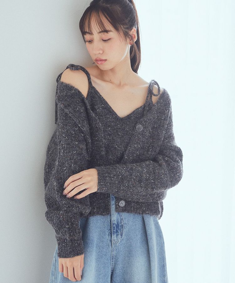 earth music&ecology「SET2点ショートカーディガン＋リボンキャミソール」|カーディガン|Charcoal Gray