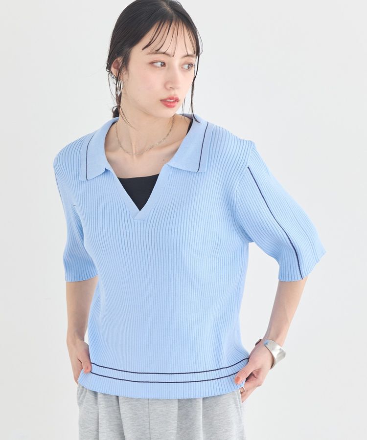 earth music&ecology「ラインカラーポロニット」|ニット・セーター|Blue