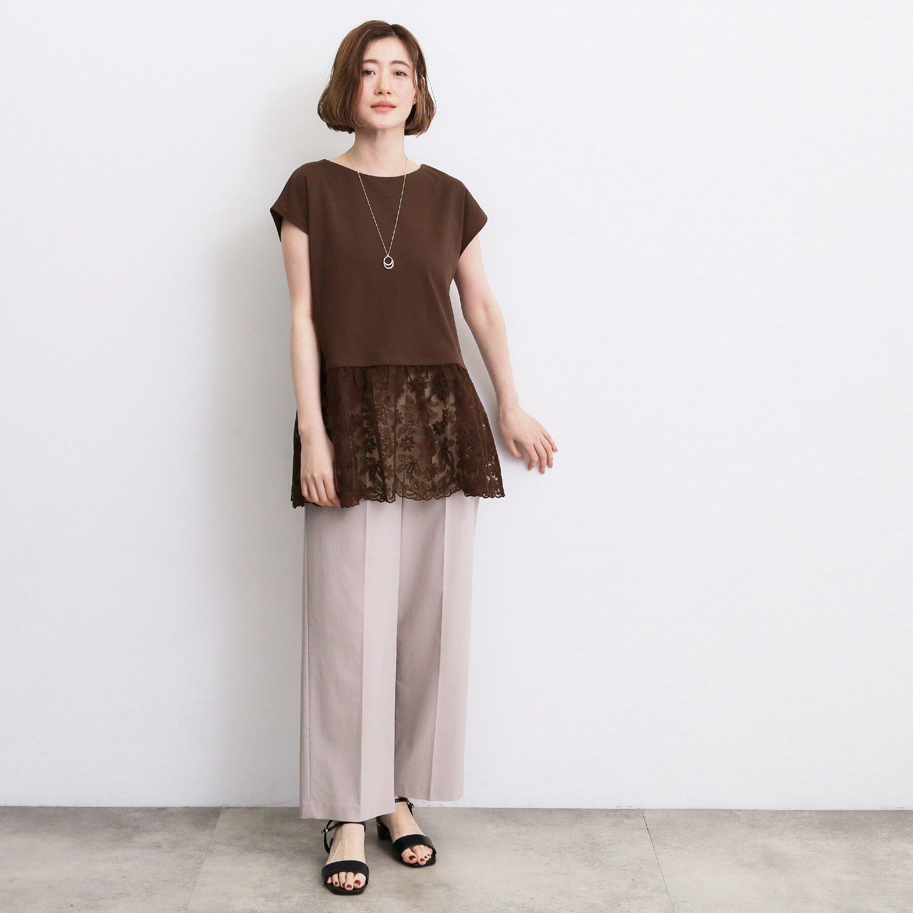grove「【体型カバー】刺繍チュールレースドッキングカットソー」|Tシャツ・カットソー|