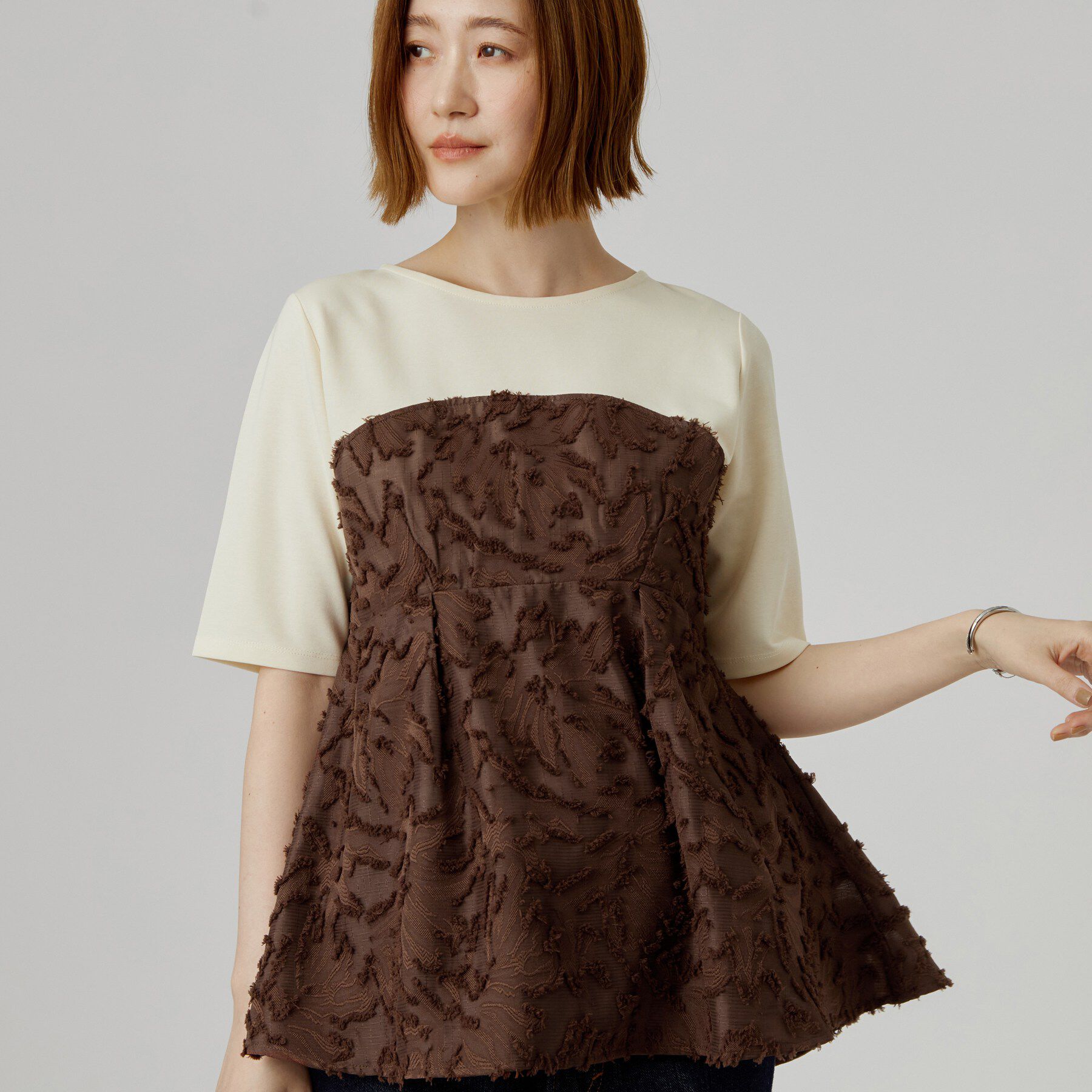 grove「ジャカードドッキングカットソー」|Tシャツ・カットソー|ブラウン(044)