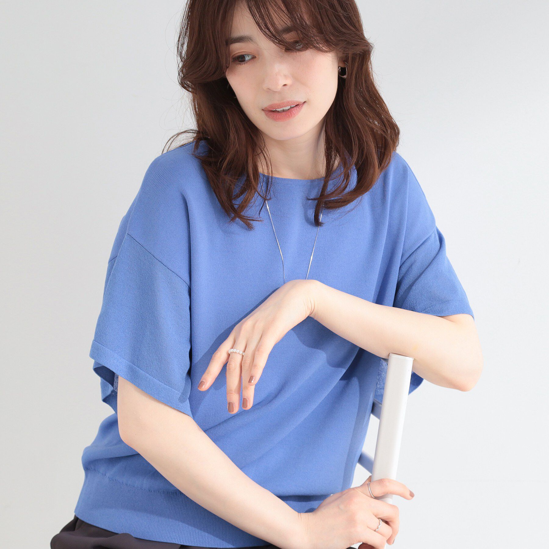 SHOO･LA･RUE「【S-LL/ひんやり/洗濯機可】インせず着られる ひらり袖ニット」|ニット・セーター|サックスブルー(09