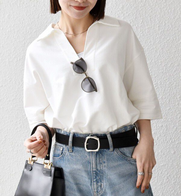 SHIPS any「SHIPS any:〈洗濯機可能〉インレイ 襟付き スキッパー ハーフスリーブ プルオーバー」|Tシャツ・カットソー|