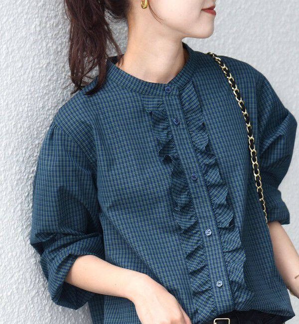 SHIPS for women「《追加予約》【WEB限定】〈手洗い可能〉チェック フリル ロングスリーブ シャツ（グリーン）」|シャツ・ブラウス|