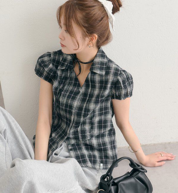  「衿付きチェックフレンチブラウス」|シャツ・ブラウス|