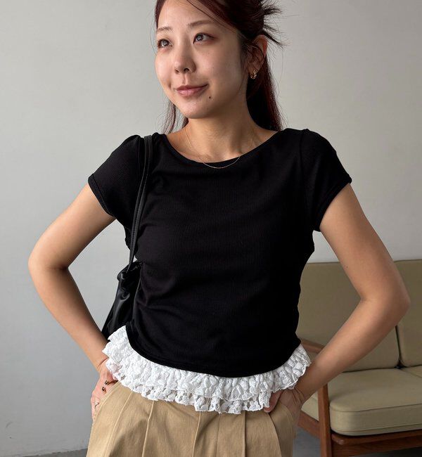  「【前後2way】裾レースミニ袖T」|Tシャツ・カットソー|