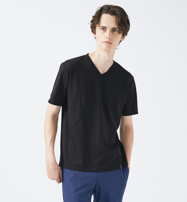 ABAHOUSE「【定番】ドレスポンチ Vネック 半袖Tシャツ / ストレッチ 冷涼感」|Tシャツ・カットソー|ブラック