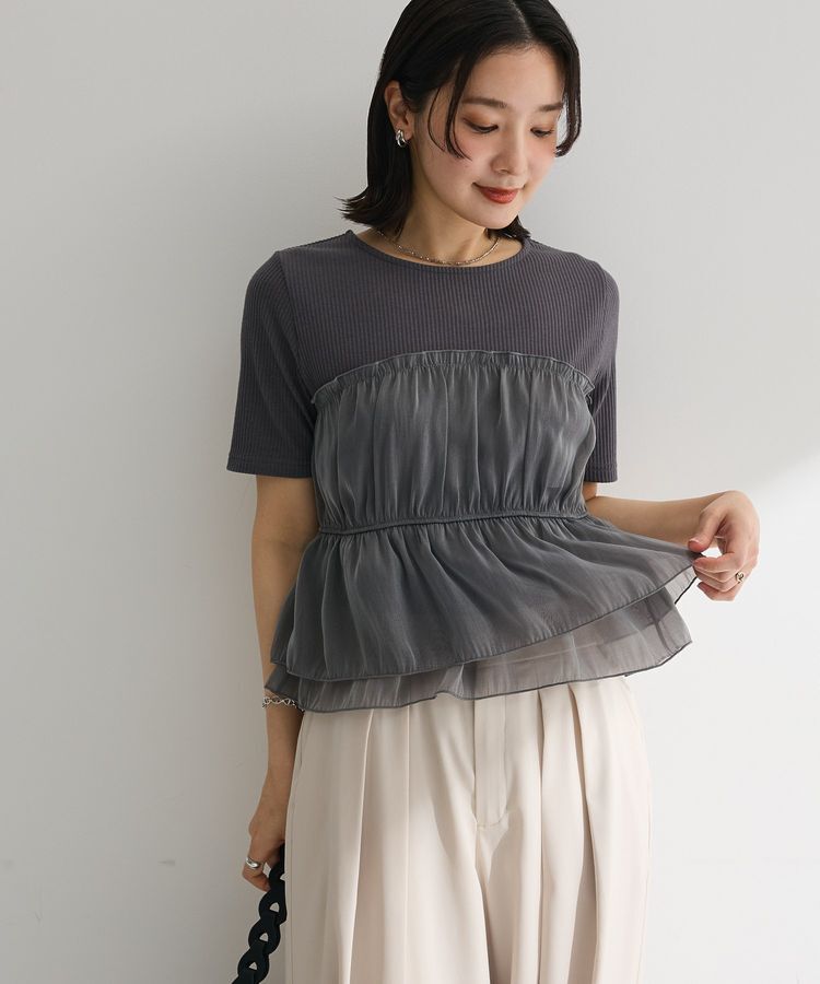Green Parks「オーガンジービスチェドッキング半袖プルオーバー」|Tシャツ・カットソー|Charcoal Gray