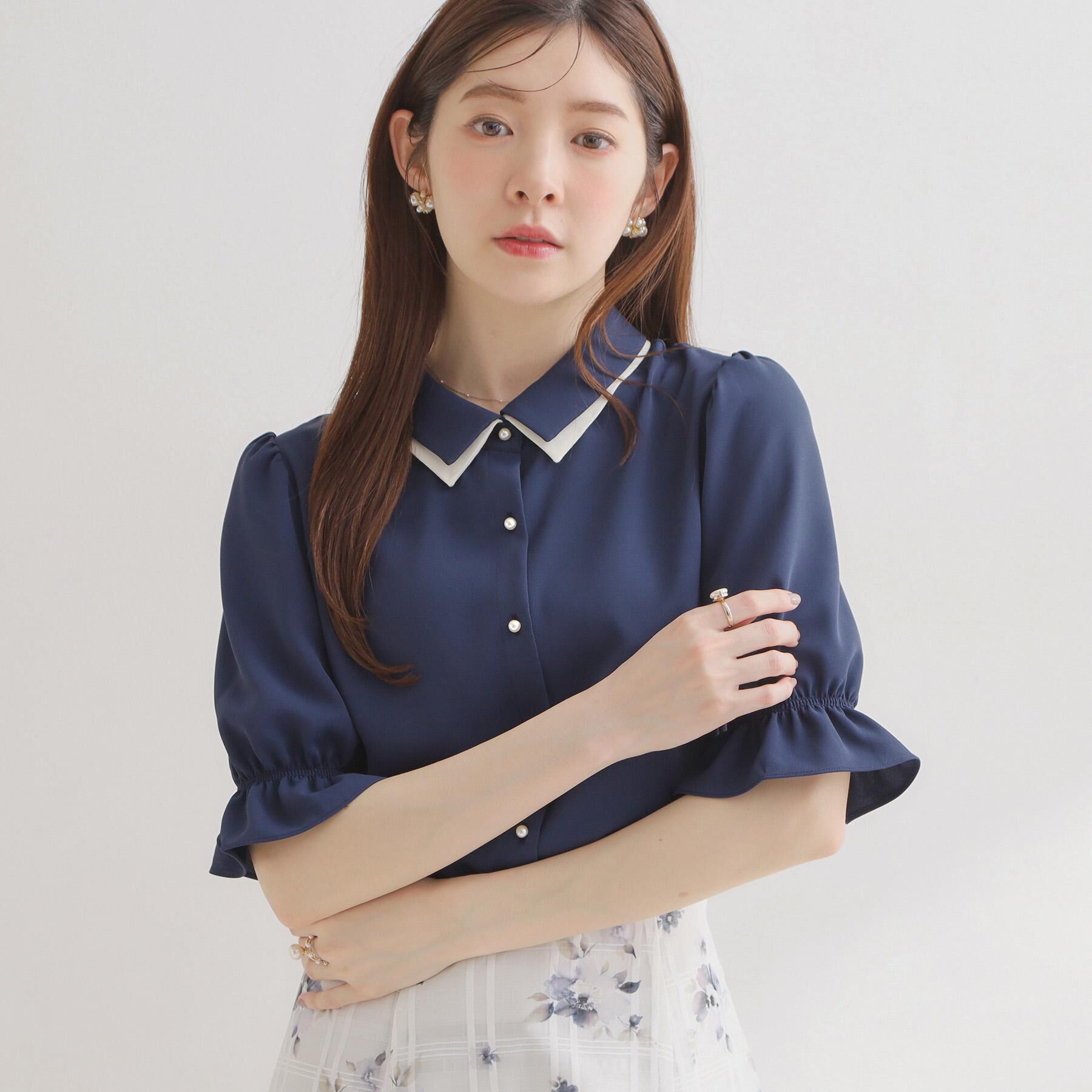 Couture broach「【通勤・洗える】配色ダブルカラー ブラウス」|シャツ・ブラウス|ネイビー(094)