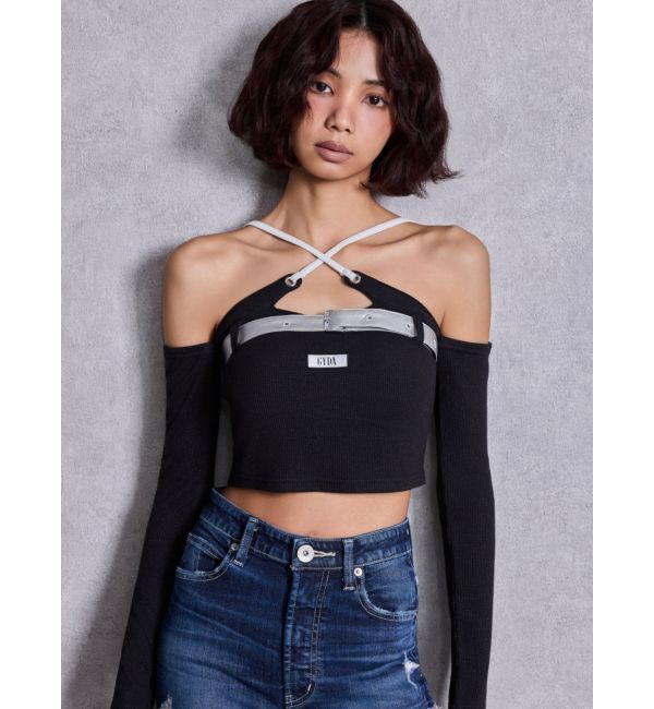 GYDA「GYDAフロントクロスラメテレコTOPS」|Tシャツ・カットソー|