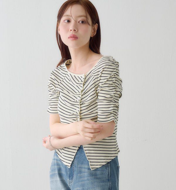  「ギャザーテレコ半袖カーディガン」|Tシャツ・カットソー|