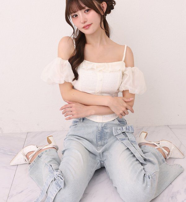  「【SMサイズ展開】リボンアレンジキラキラ美脚デニム」|その他|