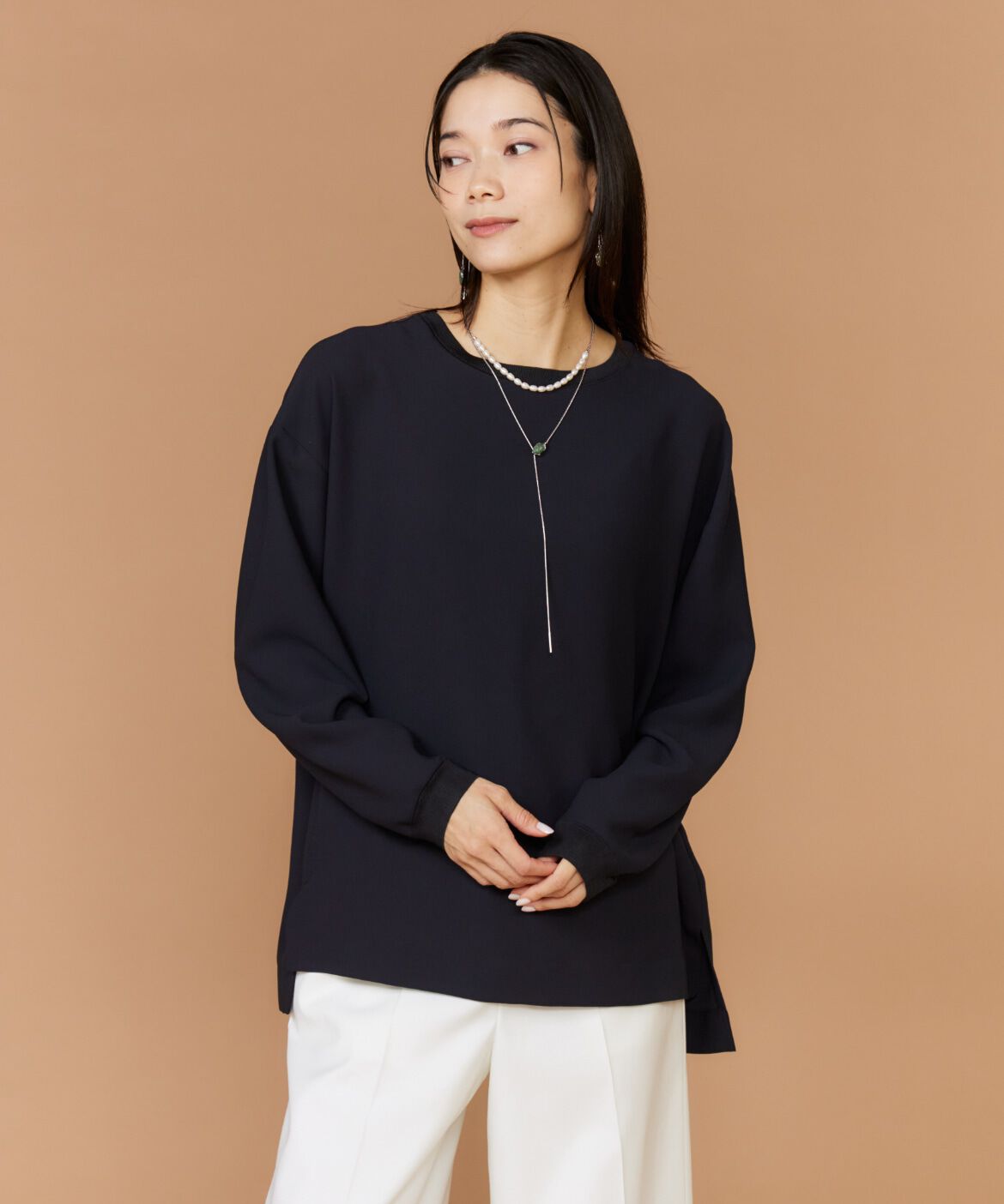 INED「《大きいサイズ》衿リブブラウスTシャツ」|Tシャツ・カットソー|