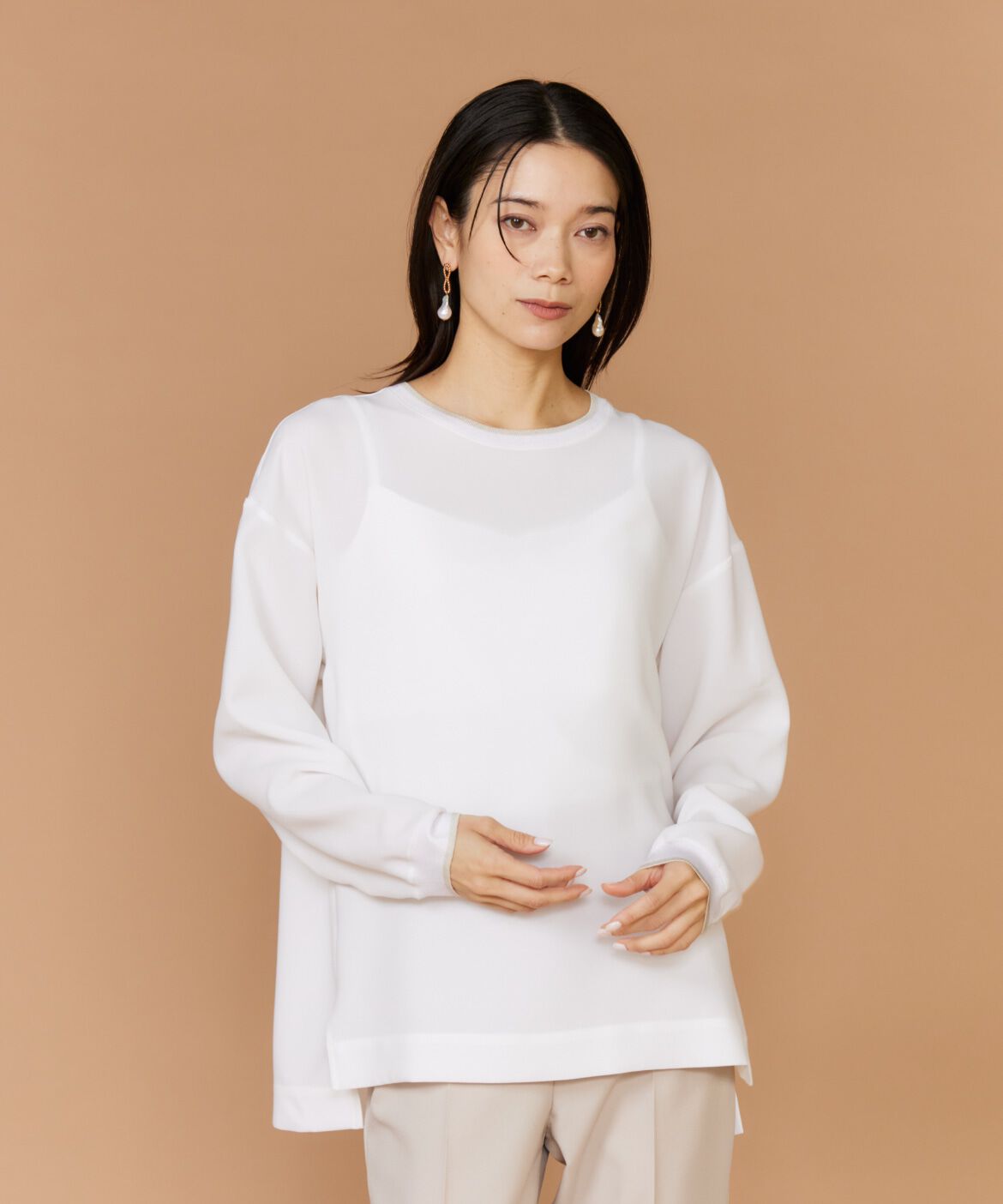INED「《大きいサイズ》衿リブブラウスTシャツ」|Tシャツ・カットソー|