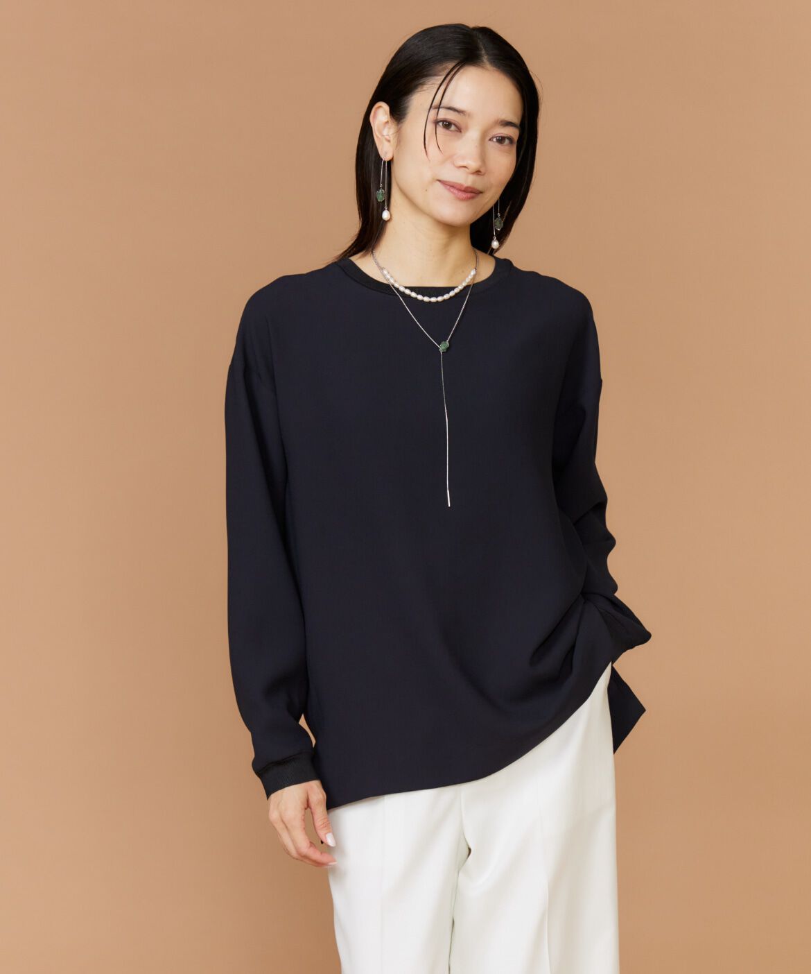 INED「《大きいサイズ》衿リブブラウスTシャツ」|Tシャツ・カットソー|