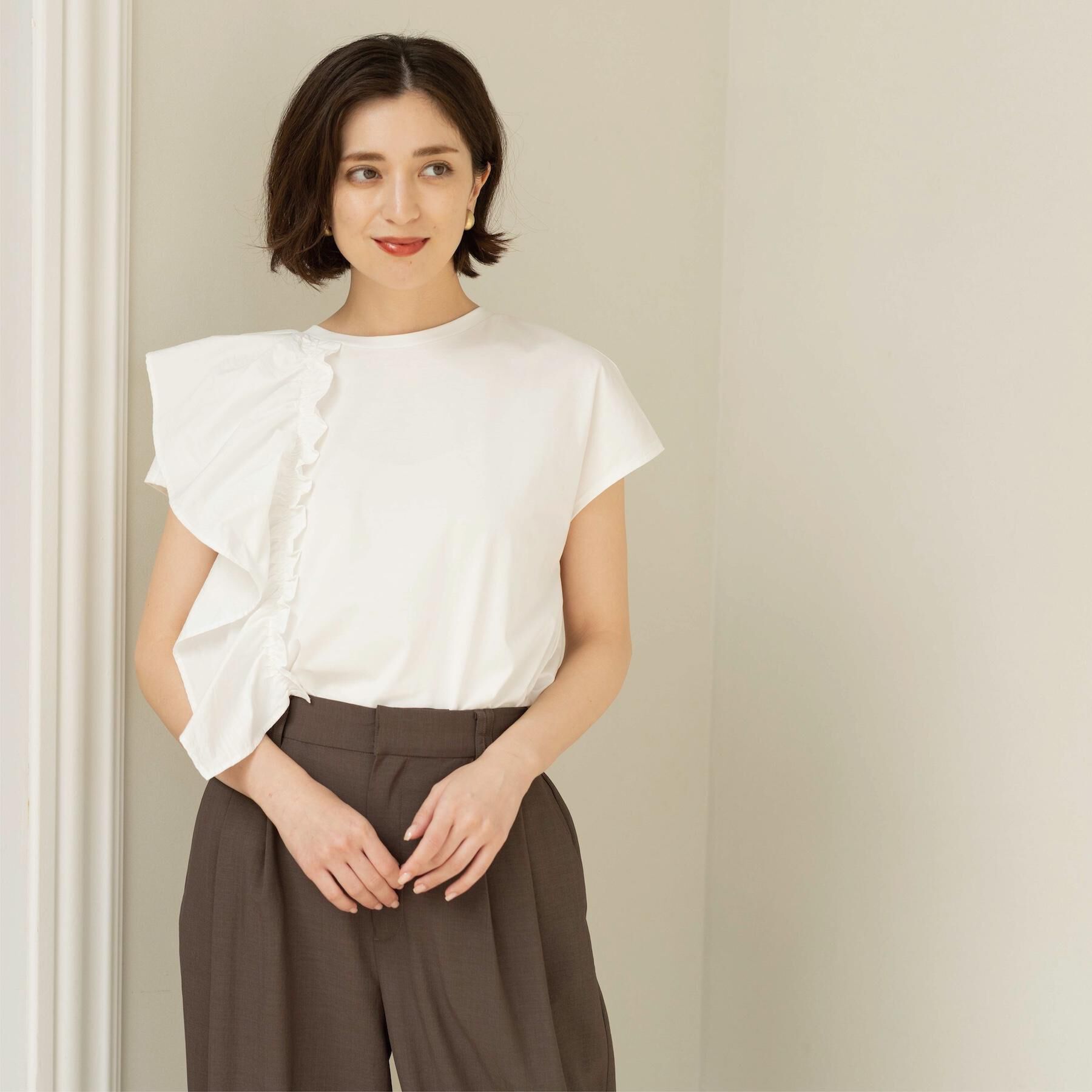 OPAQUE.CLIP「【UVケア／接触冷感】アシメフリルドッキングカットソー《洗濯機OK》」|Tシャツ・カットソー|