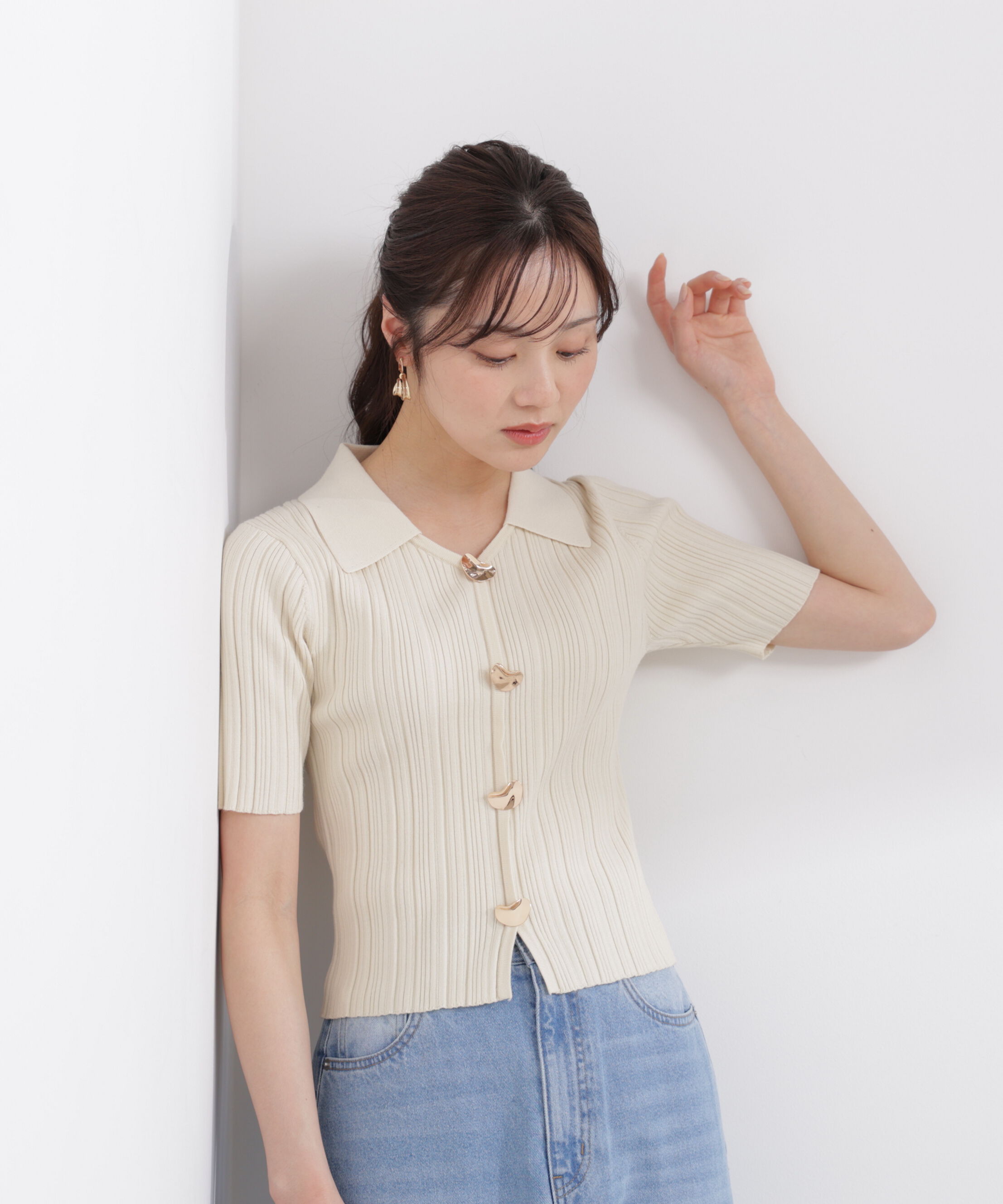 PROPORTION BODY DRESSING「衿付きランダムリブニット 26SS」|ニット・セーター|ベージュ