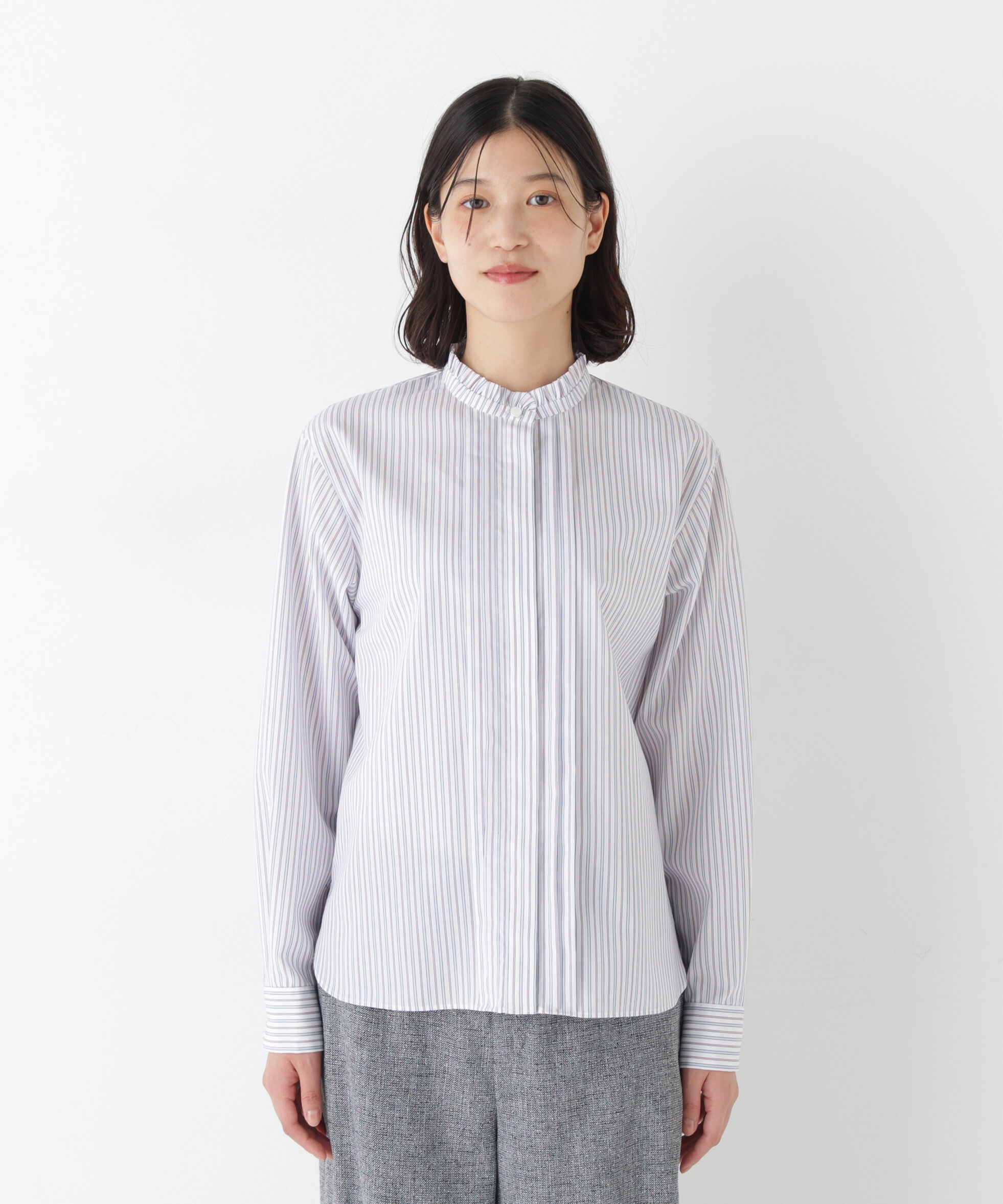  「◆《ウォッシャブル》先染めストライプスタンドフリルブラウス」|シャツ・ブラウス|