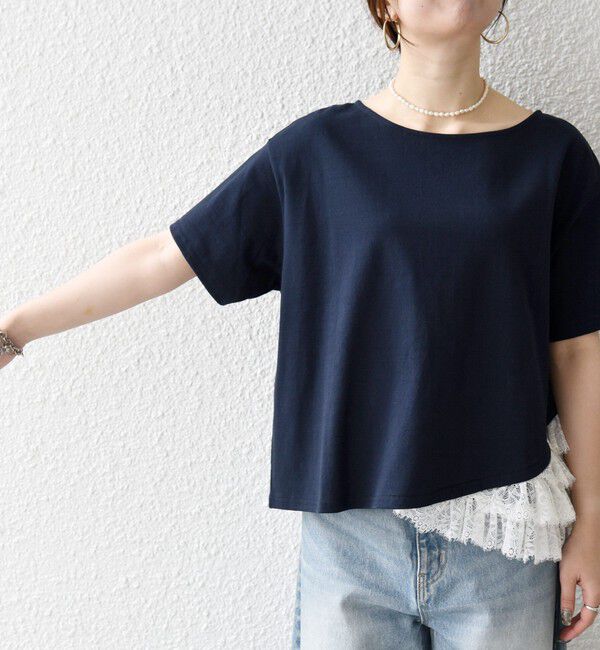 SHIPS any「SHIPS any:〈洗濯機可能〉レース ヘム アシンメトリー ショートスリーブ TEE」|Tシャツ・カットソー|