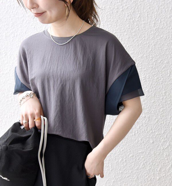 SHIPS any「SHIPS any:〈手洗い可能〉カノコ チュール コンビ ワイド TEE」|Tシャツ・カットソー|チャコールグレー