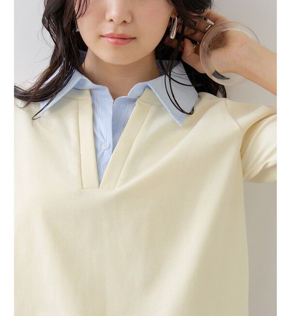VIS「ICE BEAUTY ドッキング衿ハーフスリーブプルオーバー/UVケア・接触冷感・汗染み防止」|Tシャツ・カットソー|