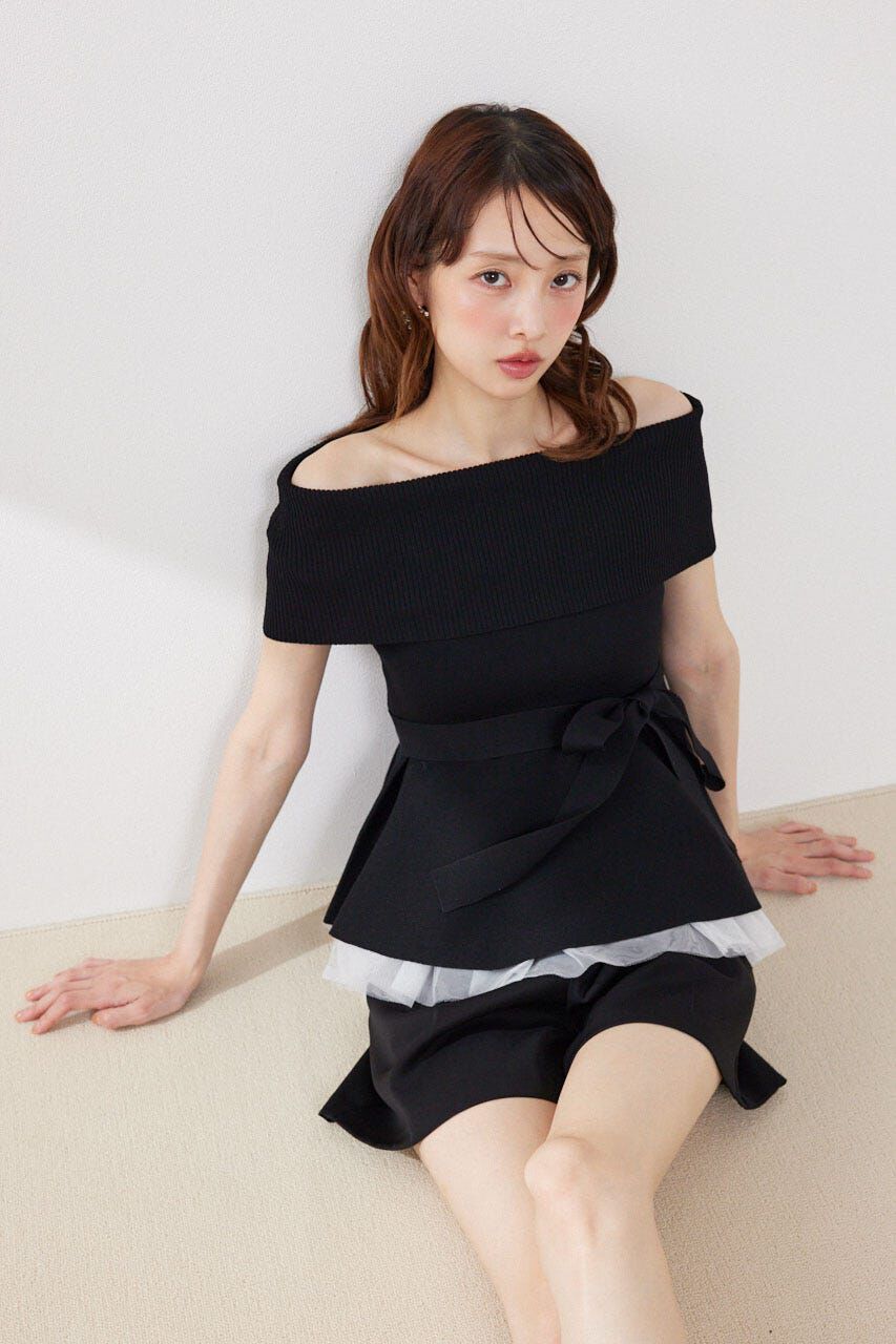 rienda「チュールレイヤードハーフスリーブニットトップス」|ニット・セーター|BLK