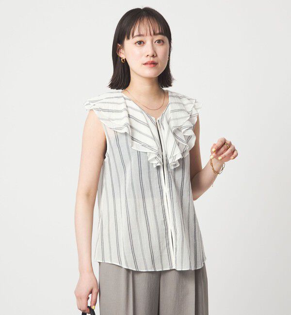 UNITED ARROWS green label relaxing「100/2 ラッフルカラー ノースリーブ ブラウス」|シャツ・ブラウス|OFF WHITE