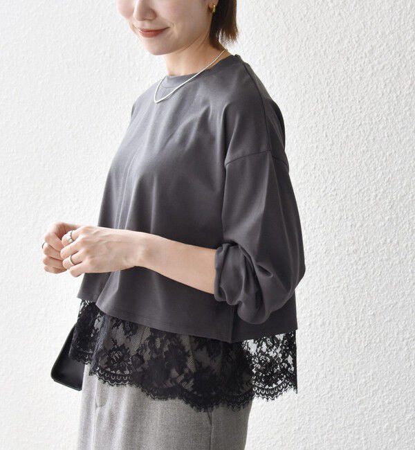 SHIPS any「《予約》SHIPS any:〈洗濯機可能〉ジップ レース ヘム ロングスリーブ TEE」|Tシャツ・カットソー|チャコールグレー
