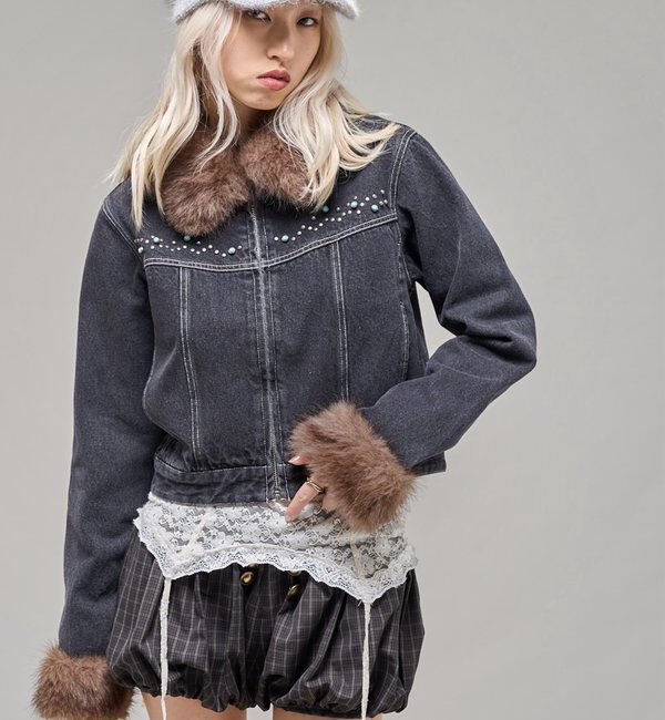  「【26AW LOOK掲載品番】ビジュファーデニムジャケット」|ブルゾン・スタジャン|ブラック