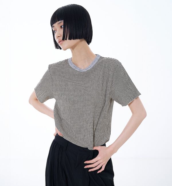 NOMINE「楊柳シボ感 リンガーTシャツ ｜ 半袖 リブ切替 クロップド丈」|Tシャツ・カットソー|