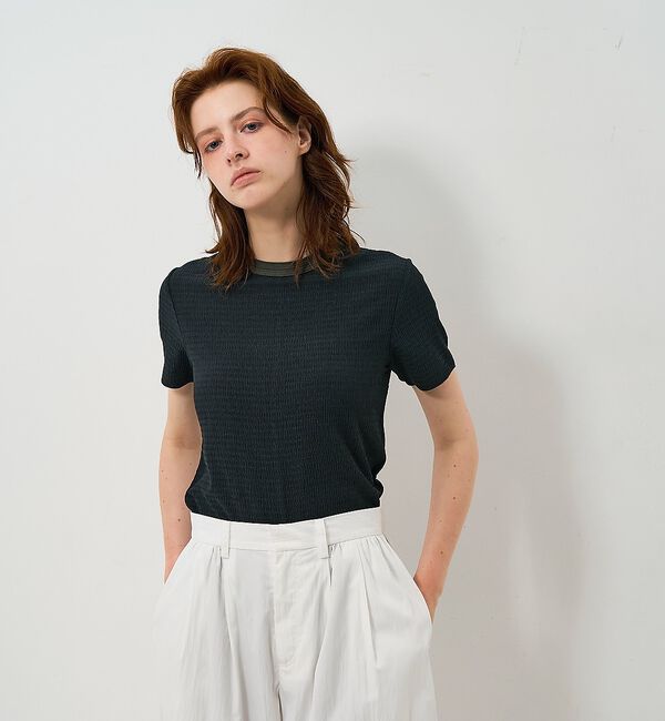NOMINE「楊柳シボ感 リンガーTシャツ ｜ 半袖 リブ切替 クロップド丈」|Tシャツ・カットソー|