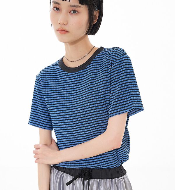 NOMINE「楊柳シボ感 リンガーTシャツ ｜ 半袖 リブ切替 クロップド丈」|Tシャツ・カットソー|ブルー