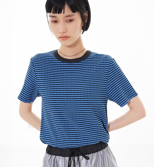 NOMINE「楊柳シボ感 リンガーTシャツ ｜ 半袖 リブ切替 クロップド丈」|Tシャツ・カットソー|