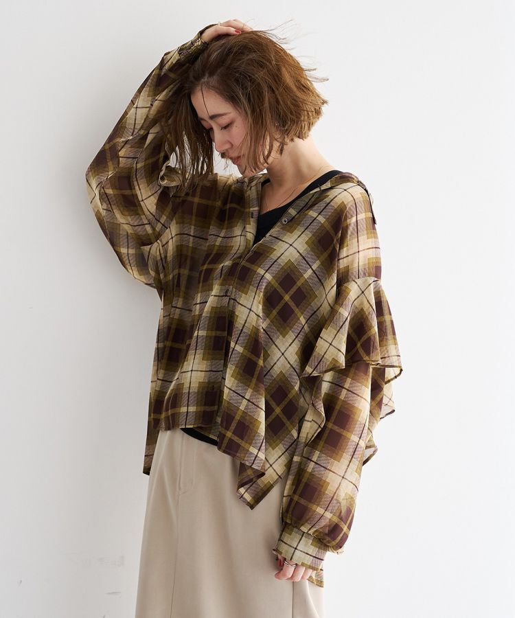 YECCA VECCA「チェック柄シアーラッフルシャツ」|シャツ・ブラウス|