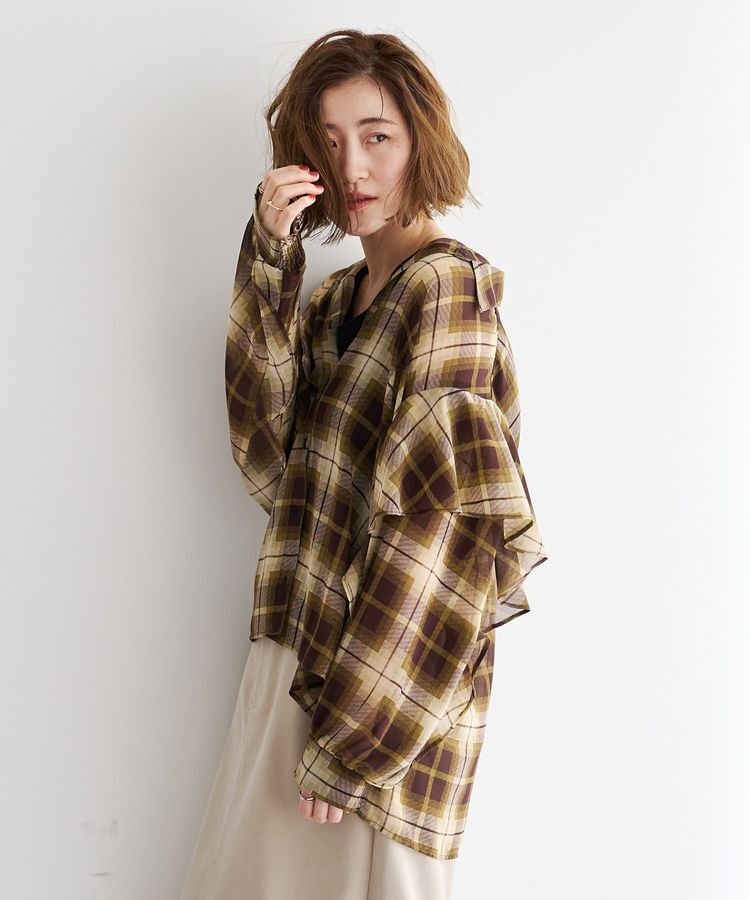 YECCA VECCA「チェック柄シアーラッフルシャツ」|シャツ・ブラウス|