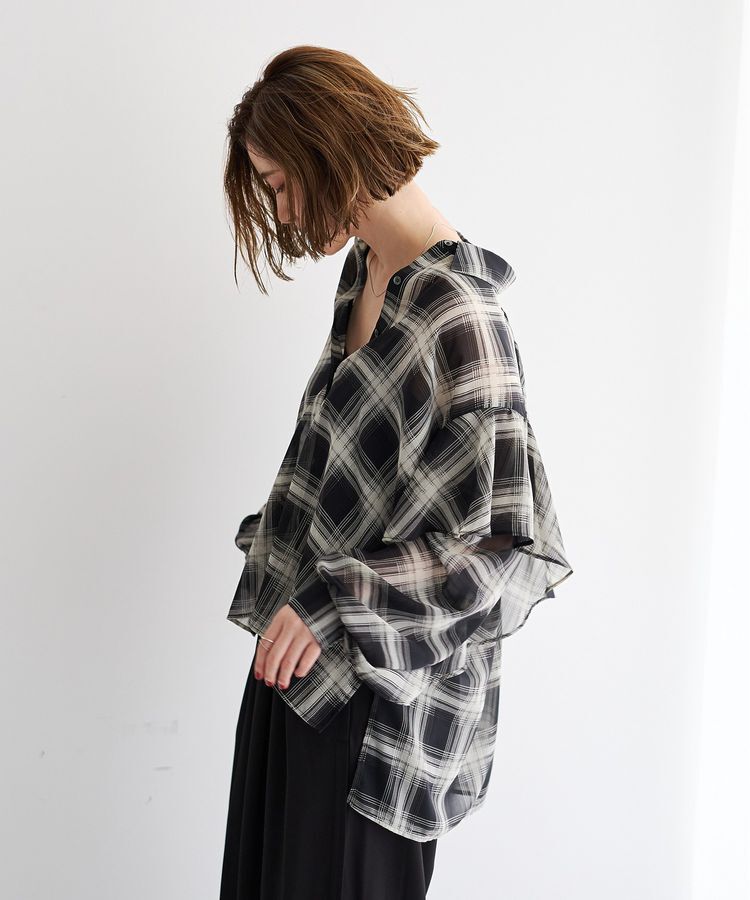 YECCA VECCA「チェック柄シアーラッフルシャツ」|シャツ・ブラウス|