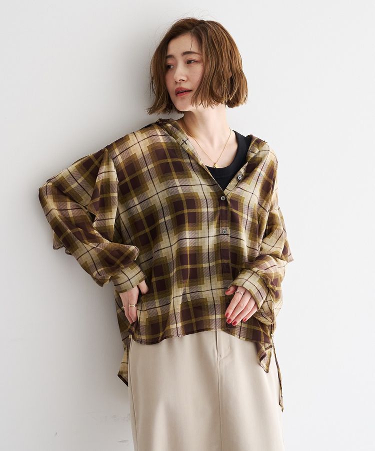 YECCA VECCA「チェック柄シアーラッフルシャツ」|シャツ・ブラウス|Brown
