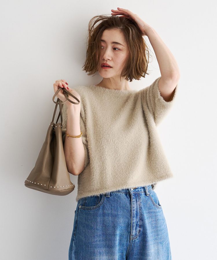 YECCA VECCA「シャギー5分袖ニット」|ニット・セーター|Light beige