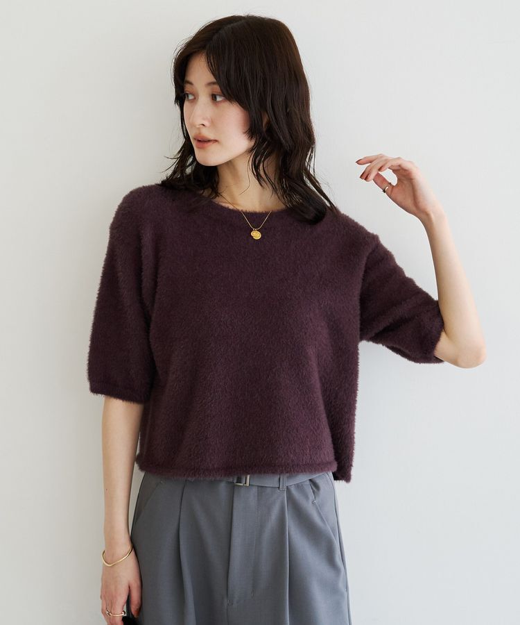 YECCA VECCA「シャギー5分袖ニット」|ニット・セーター|Brown