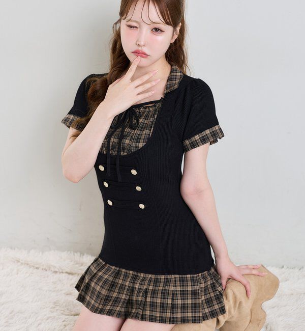  「ナポレオンシャツドッキングニットミニワンピ」|ワンピース|