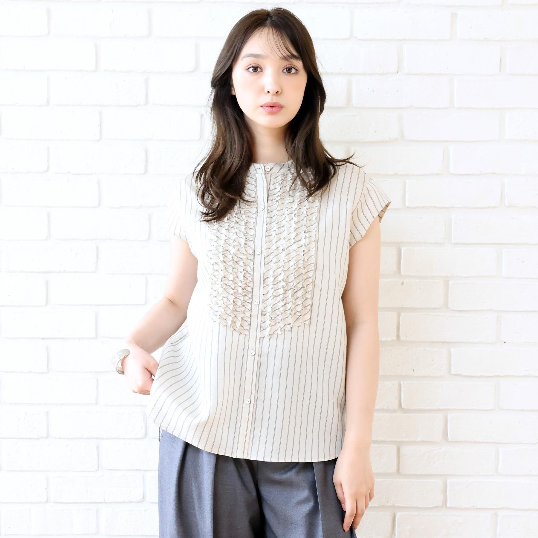 DRESSTERIOR「ストライプフレンチスリーブフリルブラウス」|シャツ・ブラウス|