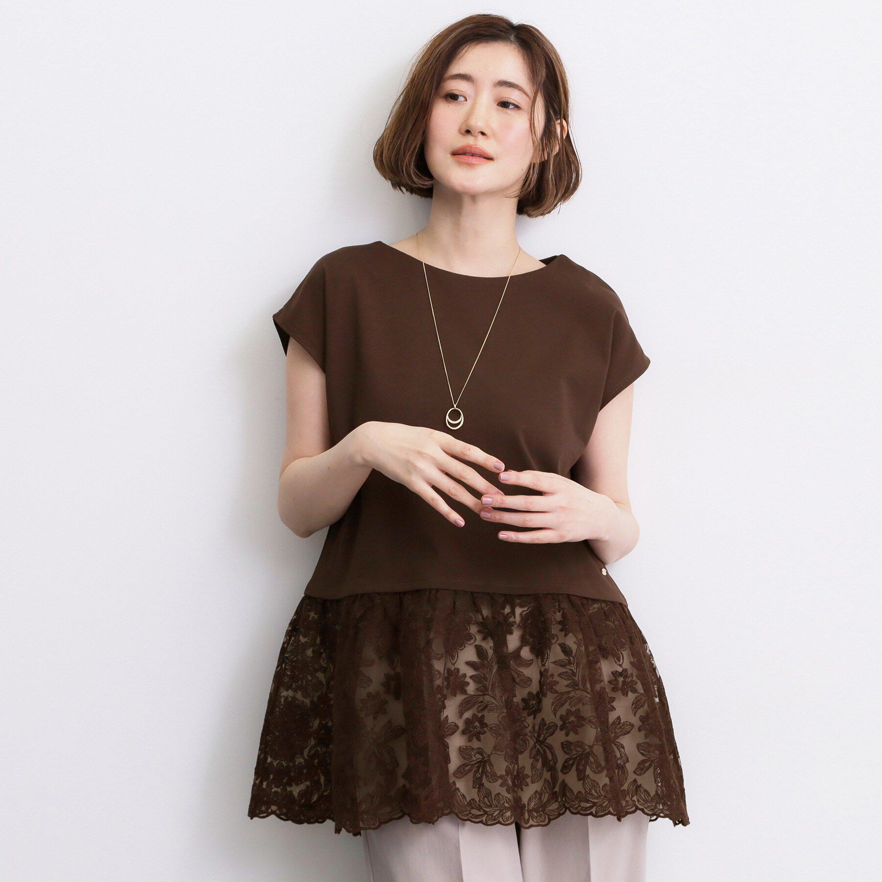 grove「【体型カバー】刺繍チュールレースドッキングカットソー」|Tシャツ・カットソー|