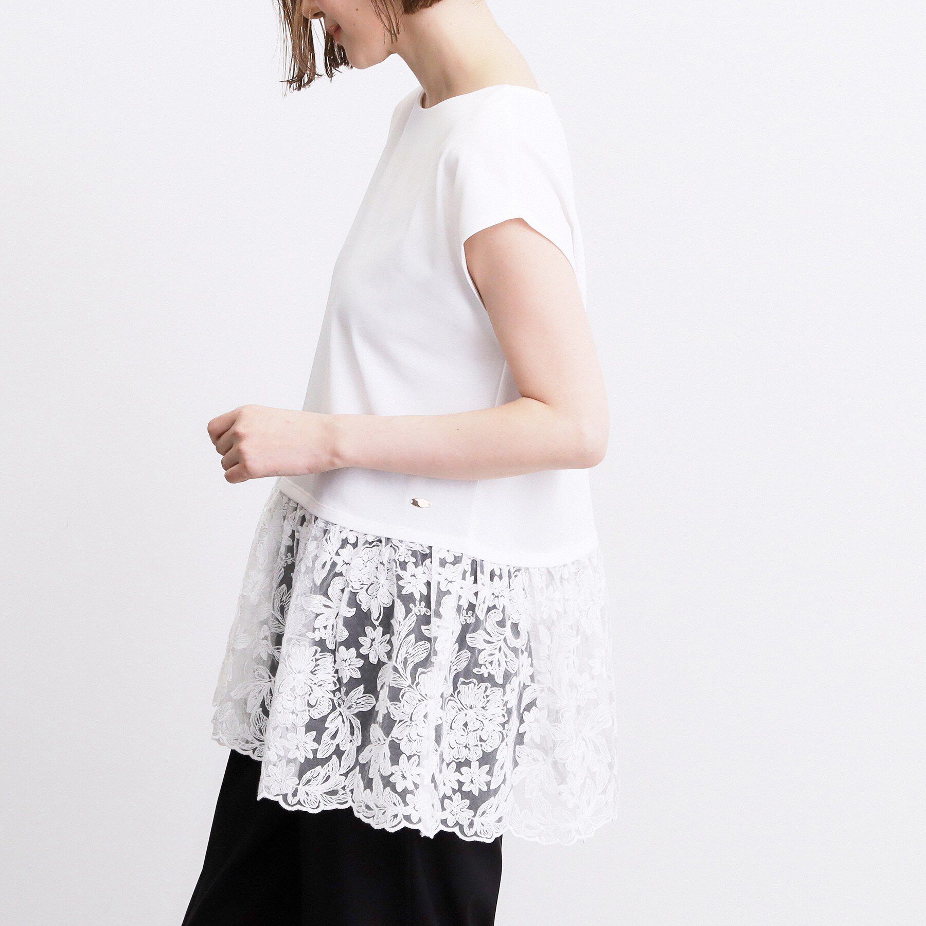 grove「【体型カバー】刺繍チュールレースドッキングカットソー」|Tシャツ・カットソー|